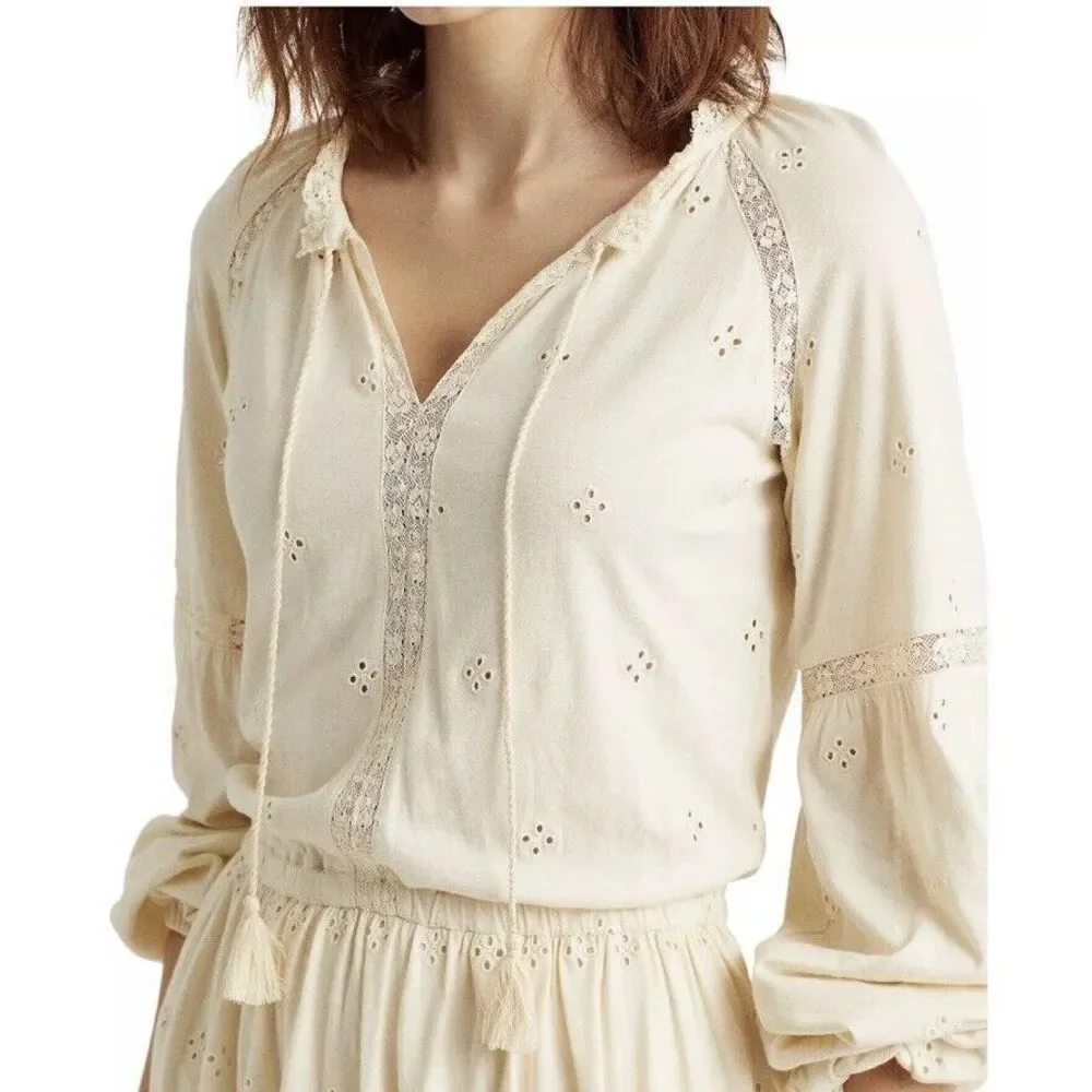Lauren ralph Lauren Women's S Dress Cream Eyelet Boho Peasant Jersey cottagecore - Picture 4 of 16